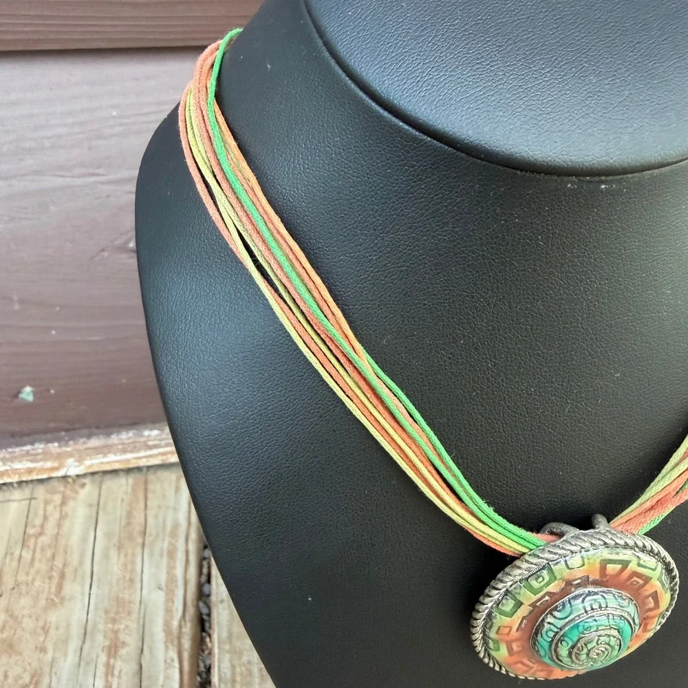 Boho Multi-Strand Cord Spiral Pendant Necklace Womens Adjustable Green Orange